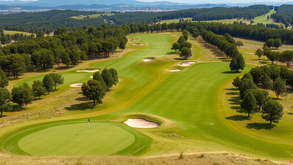Golf course landscape showing fairway routing through natural terrain, trees lining fairways, elevation changes visible, scenic vista perspective, natural lighting