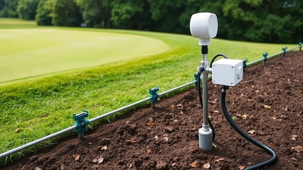 Golf course irrigation system with soil moisture sensors and weather station equipment installed near a green, showing smart water management technology in operation