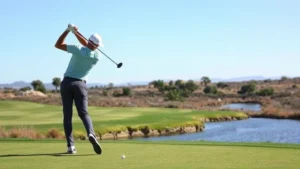 Professional golfer mid-swing on lush fairway with water hazard visible, natural landscape background, clear sunny day, realistic course photography style