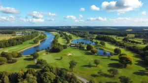 Aerial view of a lush 18-hole golf course with tree-lined fairways, water hazards, manicured greens, and rolling terrain under blue sky with white clouds