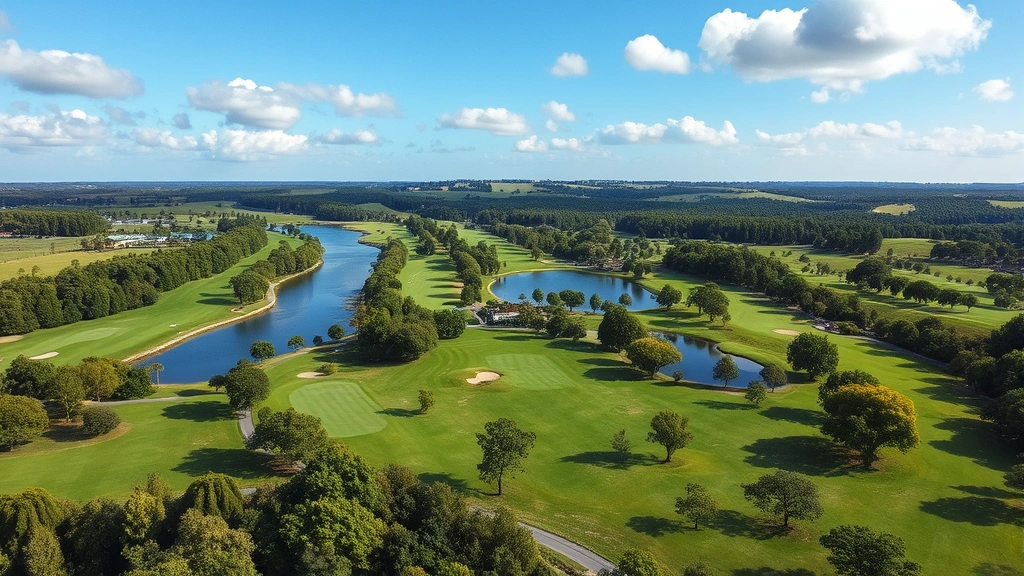 Aerial view of a lush 18-hole golf course with tree-lined fairways, water hazards, manicured greens, and rolling terrain under blue sky with white clouds