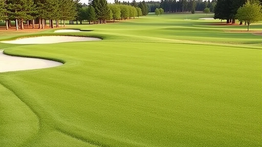 Manicured golf green with bunker nearby, landscaped course design, trees lining fairway in distance, professional maintenance evident, natural lighting conditions