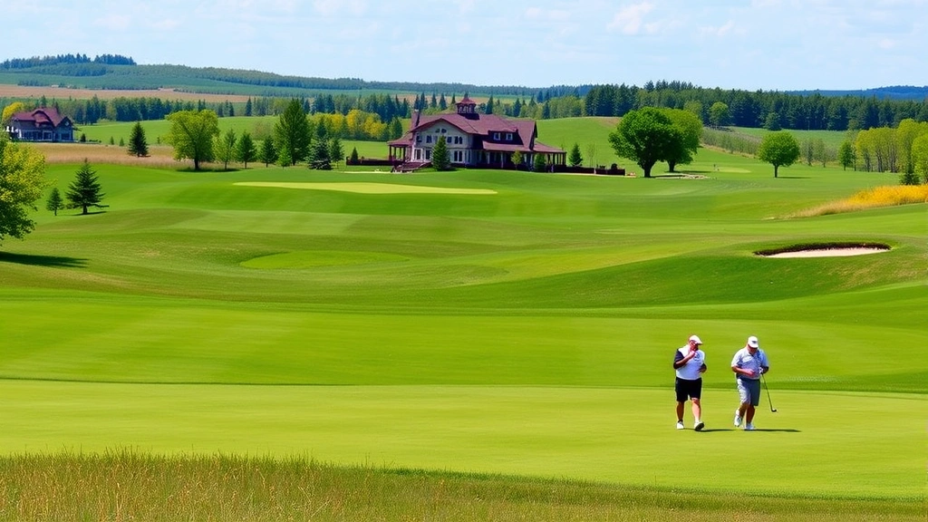 Golfers walking on scenic fairway with clubhouse visible in background, rolling terrain, Wisconsin natural landscape, peaceful course environment, realistic golf setting