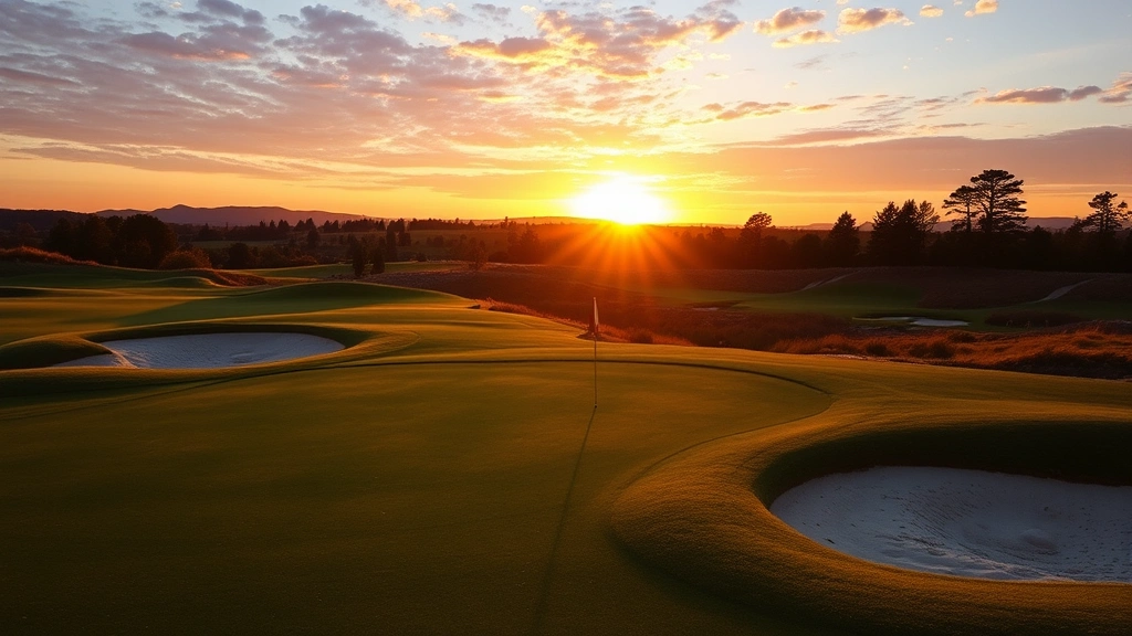 Golf course sunset view showing finishing holes with sand bunkers, putting green, fairway, and golden hour lighting over scenic landscape