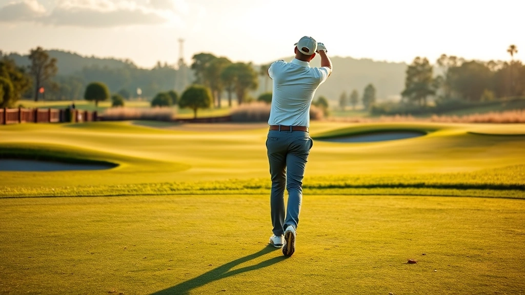 Professional golfer executing perfect tee shot on manicured fairway with morning light, focused concentration, natural golf course landscape