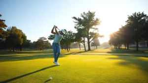 Golfer mid-swing on manicured fairway with trees lining both sides, morning sunlight creating long shadows, professional setting with clear sky