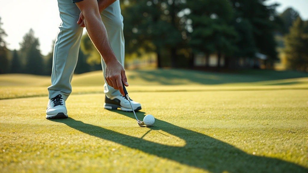 Golfer reading green and analyzing putt break, studying grass grain and slope from multiple angles on pristine putting surface