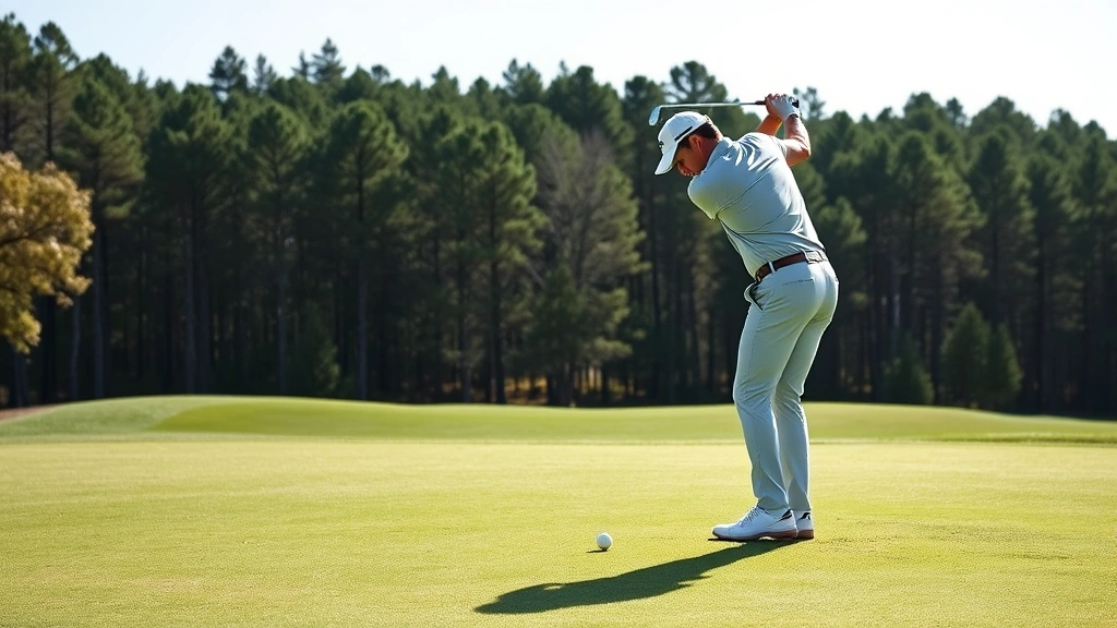 Professional golfer executing precision shot on championship green with manicured fairway and woodland backdrop, clear sunlight, natural landscape