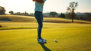 A golfer in proper stance and posture at address position on a beautiful fairway, demonstrating correct body alignment with shoulders relaxed and knees slightly bent, morning sunlight creating natural shadows that highlight form