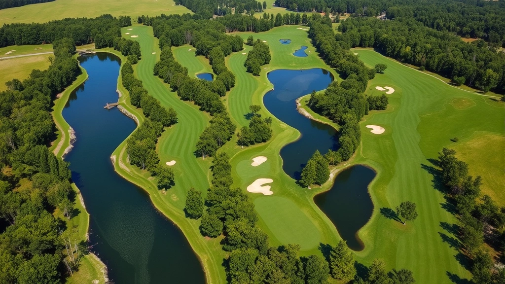Aerial view of North Kent golf course showing multiple holes with water features, mature trees, rolling terrain, fairways and greens
