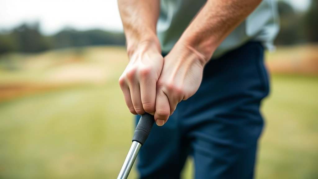 Close-up of a golfer's hands showing proper overlapping grip on a golf club, demonstrating the correct finger positioning and hand placement with soft focus background of a practice range