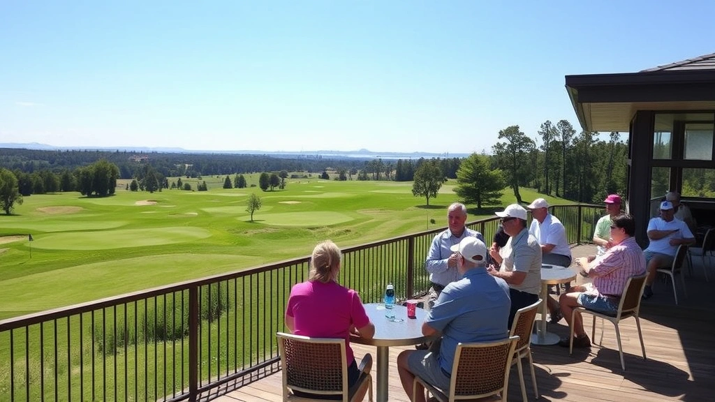 Golfers enjoying social experience on course terrace overlooking fairways with natural landscape, clear weather, relaxed atmosphere