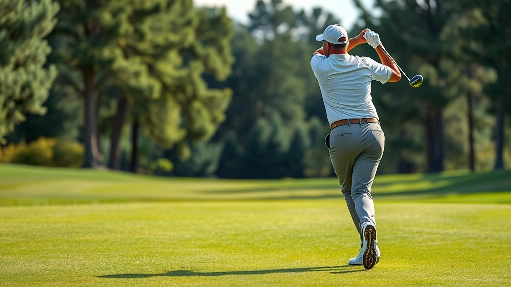 A golfer executing the downswing phase with dynamic motion, body rotating toward target, weight transferring from back foot to front foot, captured mid-swing on a well-manicured golf course with green fairway visible