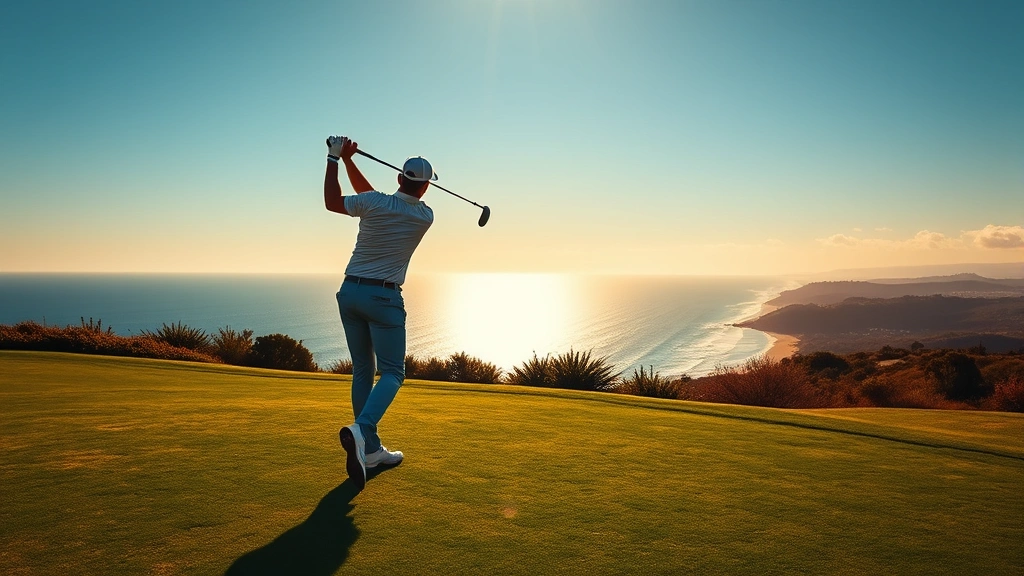 Golfer mid-swing on elevated tee with panoramic ocean coastline and blue Pacific waters visible in background, golden sunlight, realistic golf course setting