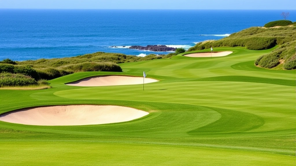 Well-maintained golf green with sand bunkers, manicured fairway, and coastal vegetation, professional course conditioning, bright daylight, no people visible