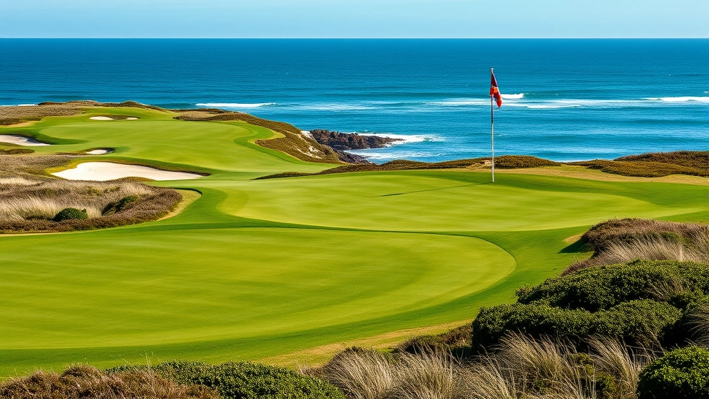 Coastal golf course landscape showing fairway, bunkers, and ocean horizon, wind patterns visible in flag movement, natural coastal vegetation, bright daylight