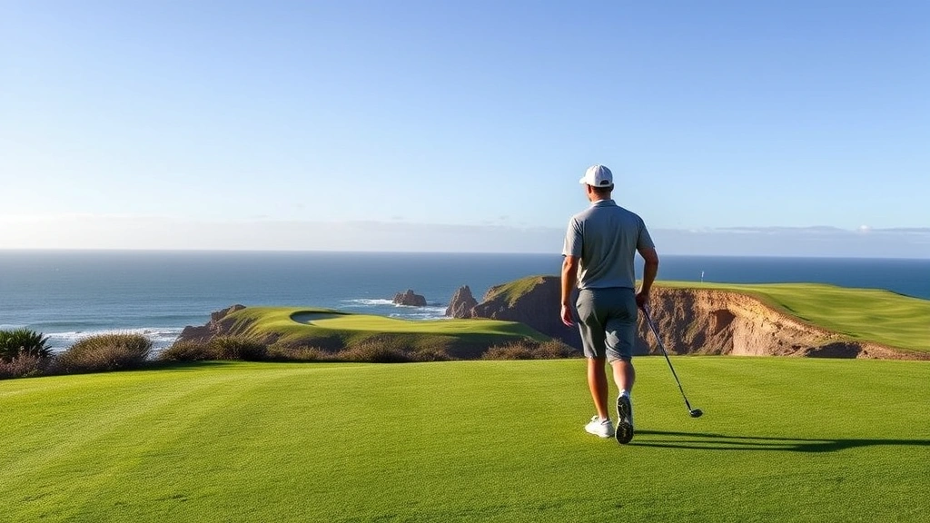Golfer walking fairway toward distant green with ocean cliffs and Pacific horizon, natural lighting, coastal landscape, realistic golf environment without text