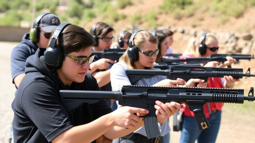 Diverse group of adult and young adult students wearing safety glasses and ear protection at an outdoor firearms range, practicing proper grip and stance with unloaded training rifles under instructor supervision, natural daylight, focused expressions, no text visible