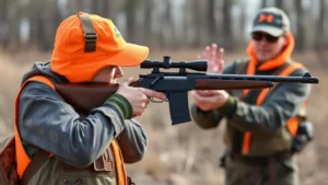 Young hunter in blaze orange safety gear learning proper firearm handling stance from certified instructor outdoors, focusing on hand positioning and firearm mechanics