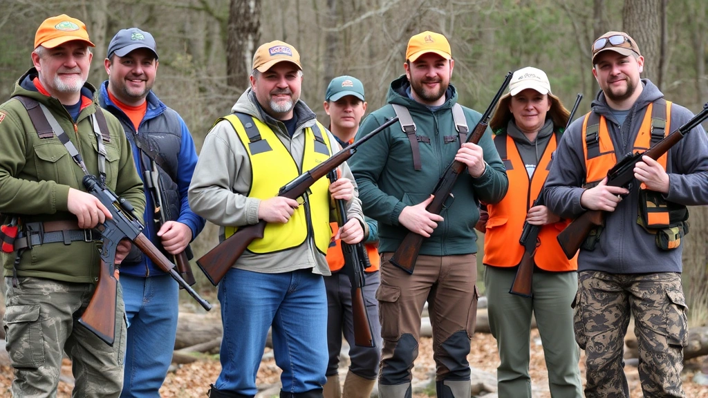 Diverse group of hunters in safety gear standing together outdoors holding rifles demonstrating proper firearm handling posture and safety awareness