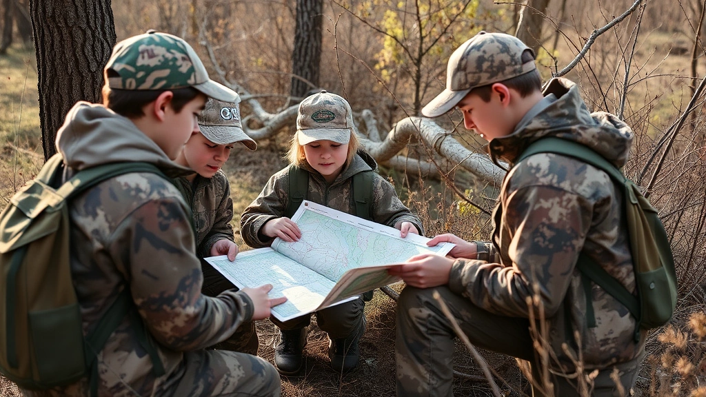 Mixed-age hunters in camouflage gear studying topographic maps and wildlife field guides together outdoors near trees and brush, collaborative learning moment, natural outdoor setting, morning light, no printed text clearly visible