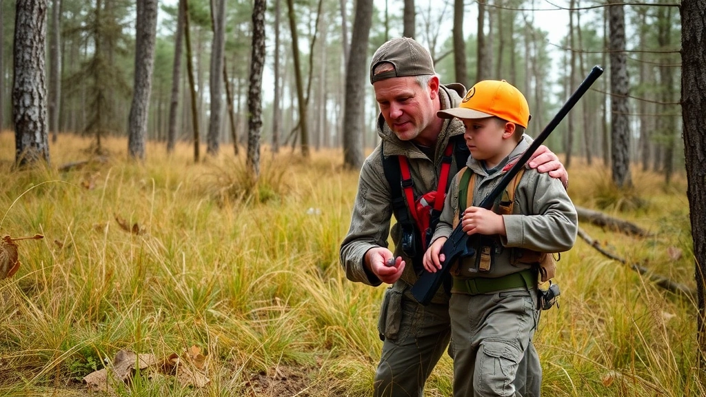 Experienced hunter mentor teaching young hunter about wildlife identification in natural woodland setting with trees and grass, both wearing safety gear