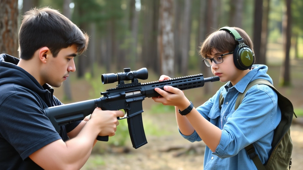Young adult student in outdoor classroom setting learning firearm safety fundamentals with instructor demonstrating proper rifle handling technique, forest background, serious educational atmosphere