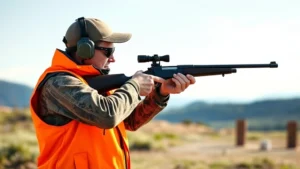 Outdoor hunter in blaze orange safety vest practicing firearm handling at a shooting range, with clear sky and natural landscape background, photorealistic