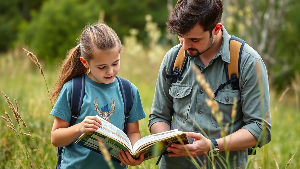 Young student and adult mentor examining wildlife identification field guide together in outdoor classroom setting with natural vegetation, photorealistic