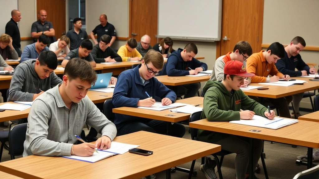 Multiple students taking written exam at tables during indoor hunter education course, concentrated expressions, classroom environment, instructor monitoring, diverse age groups present