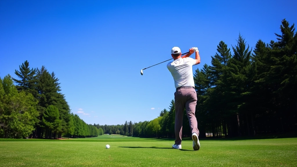 Golfer in mid-swing on fairway with Minnesota trees and blue sky, professional form, natural sunlight, action shot showing proper posture and balance