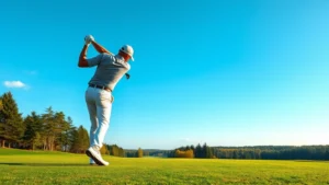 Golfer swinging driver on lush fairway with Minnesota landscape, trees, and clear sky in background, professional photography style