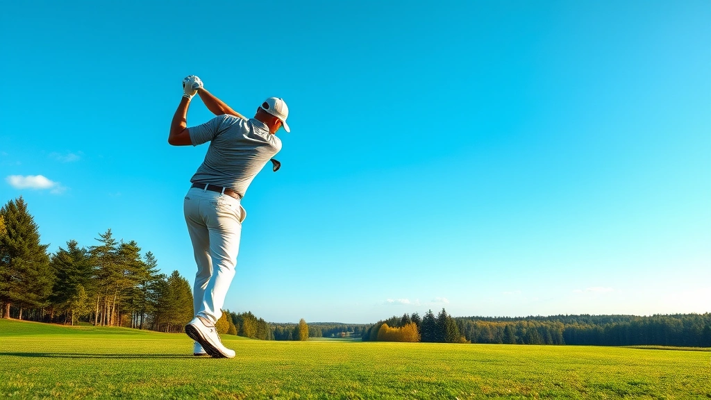 Golfer swinging driver on lush fairway with Minnesota landscape, trees, and clear sky in background, professional photography style