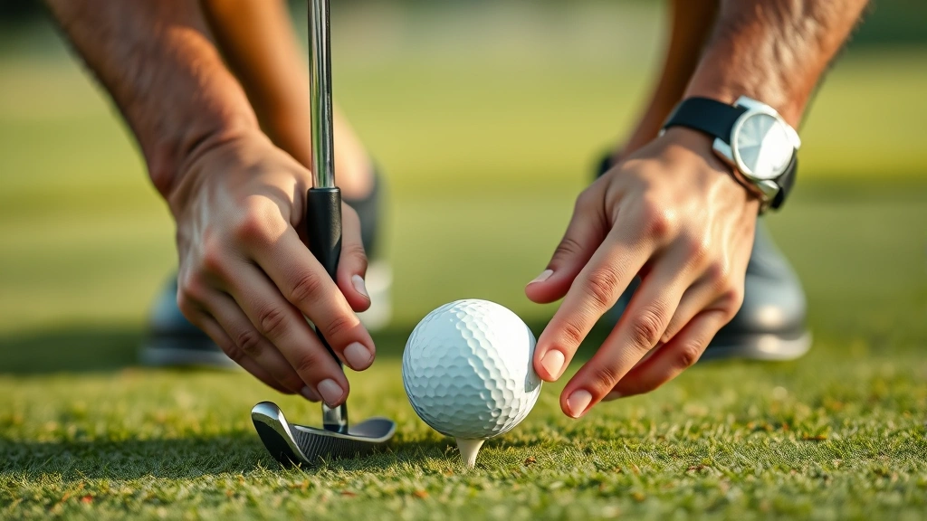 Close-up of golfer's hands on putter addressing ball on green, focused expression, manicured grass, soft afternoon light, concentration evident