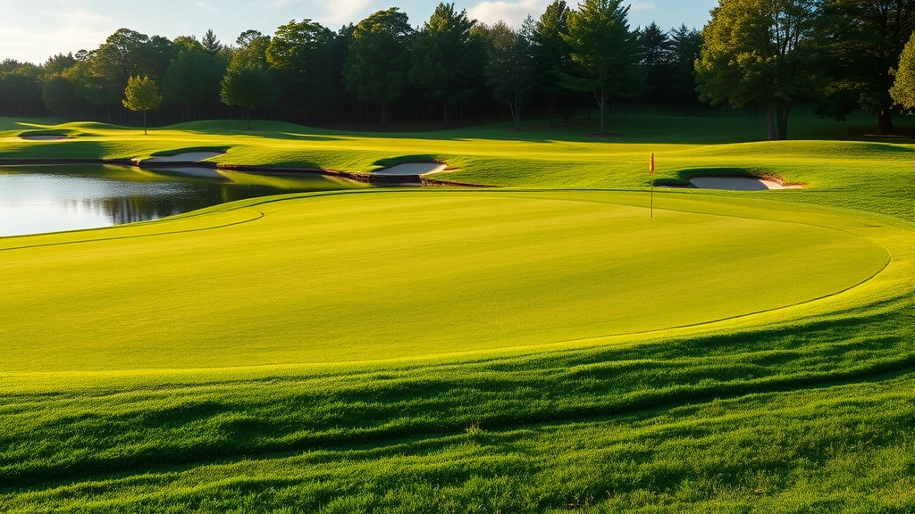 Well-maintained golf course green with bunkers, manicured grass, and natural water feature reflecting sky, daytime natural lighting