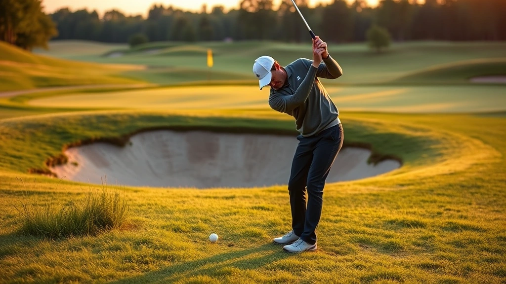 Golfer chipping from rough near sand bunker with green in background, proper technique form, Minnesota landscape, golden hour lighting, skill demonstration