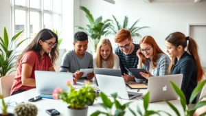 A diverse group of students collaborating on a digital design project on laptops and tablets in a modern, bright workspace with plants and natural lighting, photorealistic, focused on learning and teamwork