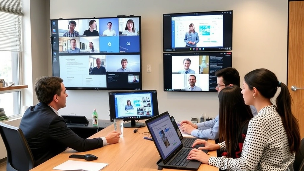 Students collaborating in virtual online classroom environment, diverse group reviewing design concepts on shared digital screens, professional setting