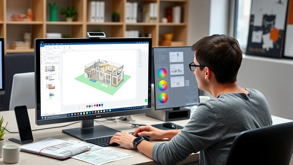 A student working at a computer using interior design software to create a floor plan and 3D model of a residential space, with sketches and color swatches visible nearby, photorealistic, educational environment