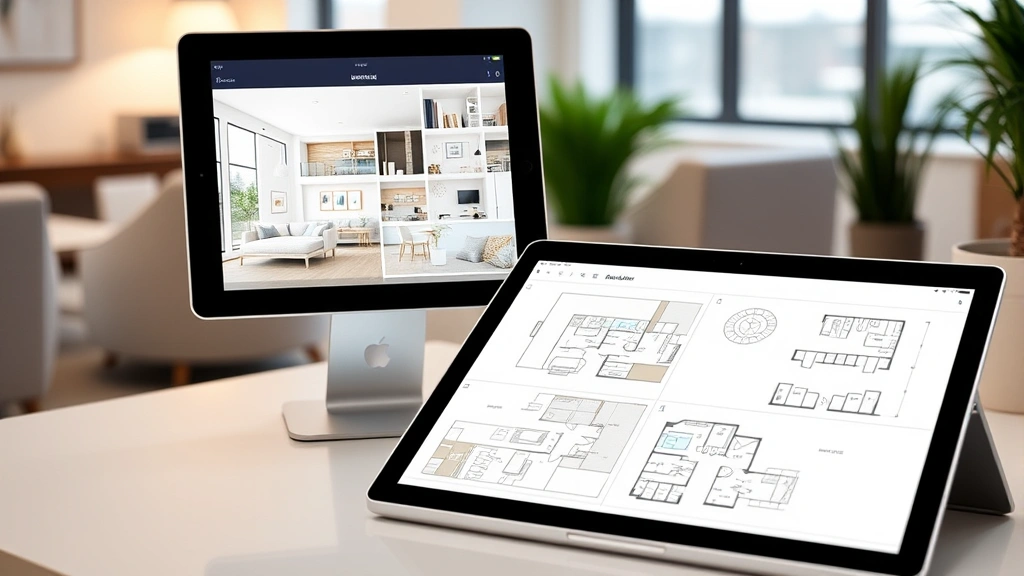 Interior design portfolio displayed on tablet and laptop showing residential space renderings, color palettes, and floor plans in contemporary workspace