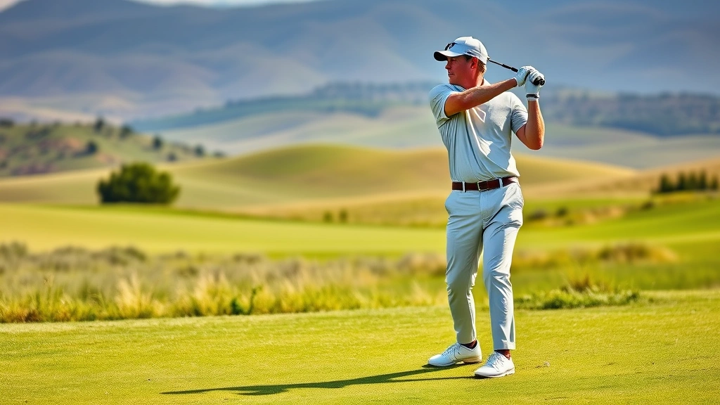 Golfer in stance on fairway with rolling hills landscape, Kansas prairie setting, natural lighting, professional attire, focused expression, mid-swing position