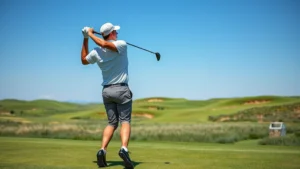 Golfer mid-swing on a Kansas prairie-style golf course with rolling fairways and blue sky, wearing polo shirt and golf glove, captured from side angle showing complete swing form
