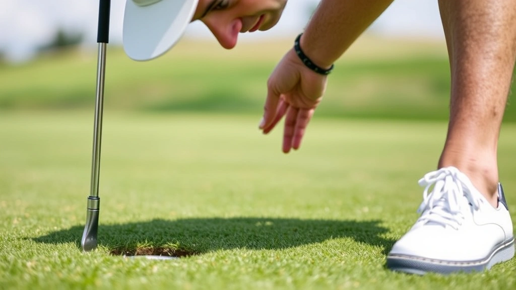 Close-up of golfer analyzing green slope and contours, bent over examining putt line, concentrated expression, natural grass texture visible, daylight setting