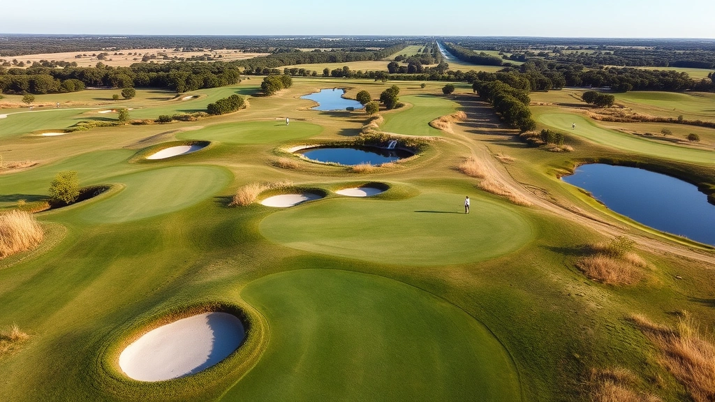 Wide aerial view of a manicured golf course with multiple fairways, sand bunkers, and water hazards visible, golfers in distance on fairway, natural Kansas landscape background