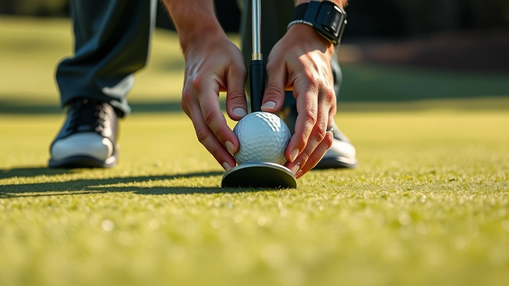 Close-up of golfer's hands gripping putter over golf ball on well-maintained green with subtle shadows showing break patterns, professional putting stance