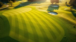 Overhead view of manicured golf fairway with morning dew, bunkers visible in background, undulating terrain, pristine grass cutting lines, sunlit course landscape with natural trees lining edges
