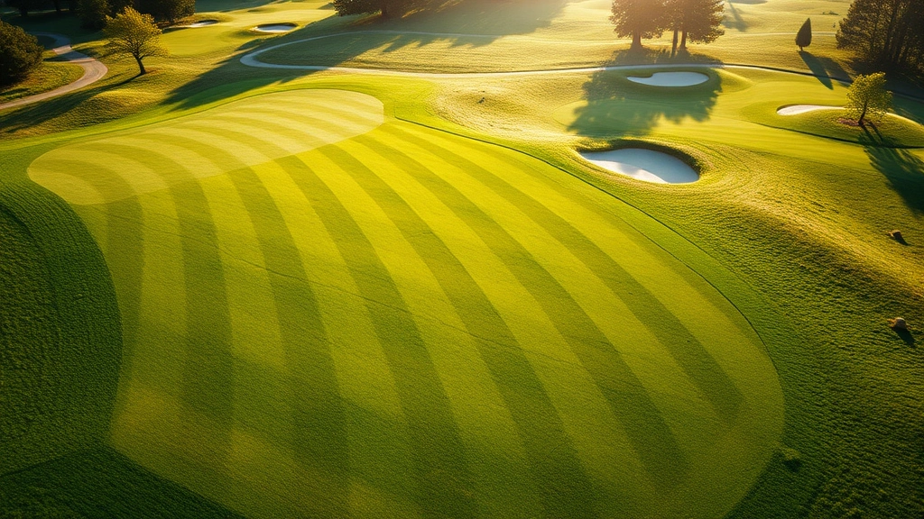Overhead view of manicured golf fairway with morning dew, bunkers visible in background, undulating terrain, pristine grass cutting lines, sunlit course landscape with natural trees lining edges