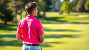 Beginner golfer in bright colored polo shirt standing on tee box looking down fairway, early morning sunlight, professional golf course, neutral expression focused on game
