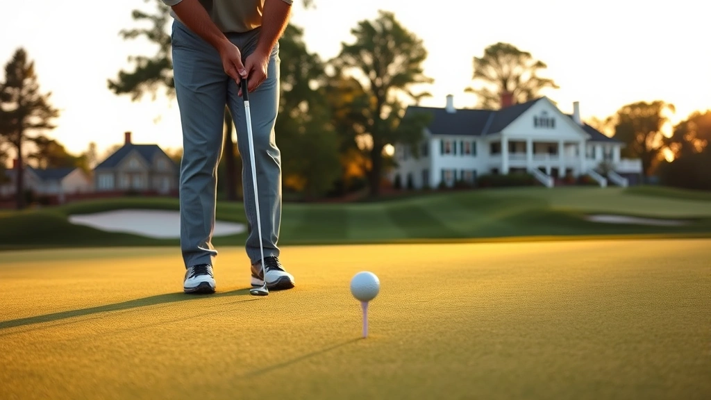 Putting green with golfer finishing hole, pin flag, smooth contoured green surface, clubhouse building visible in background, late afternoon golden light, well-maintained bunkers and approach areas nearby