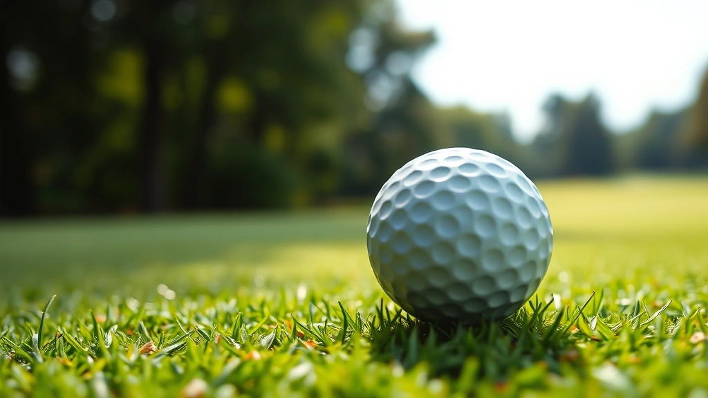 Close-up of golf ball on putting green with blurred course background, soft focus, natural daylight, manicured grass texture visible, peaceful golf environment